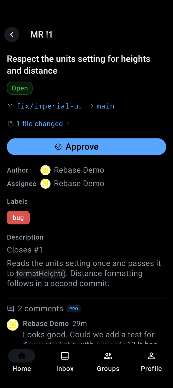 Rebase showing an open merge request with its branches, an Approve button, labels and comments